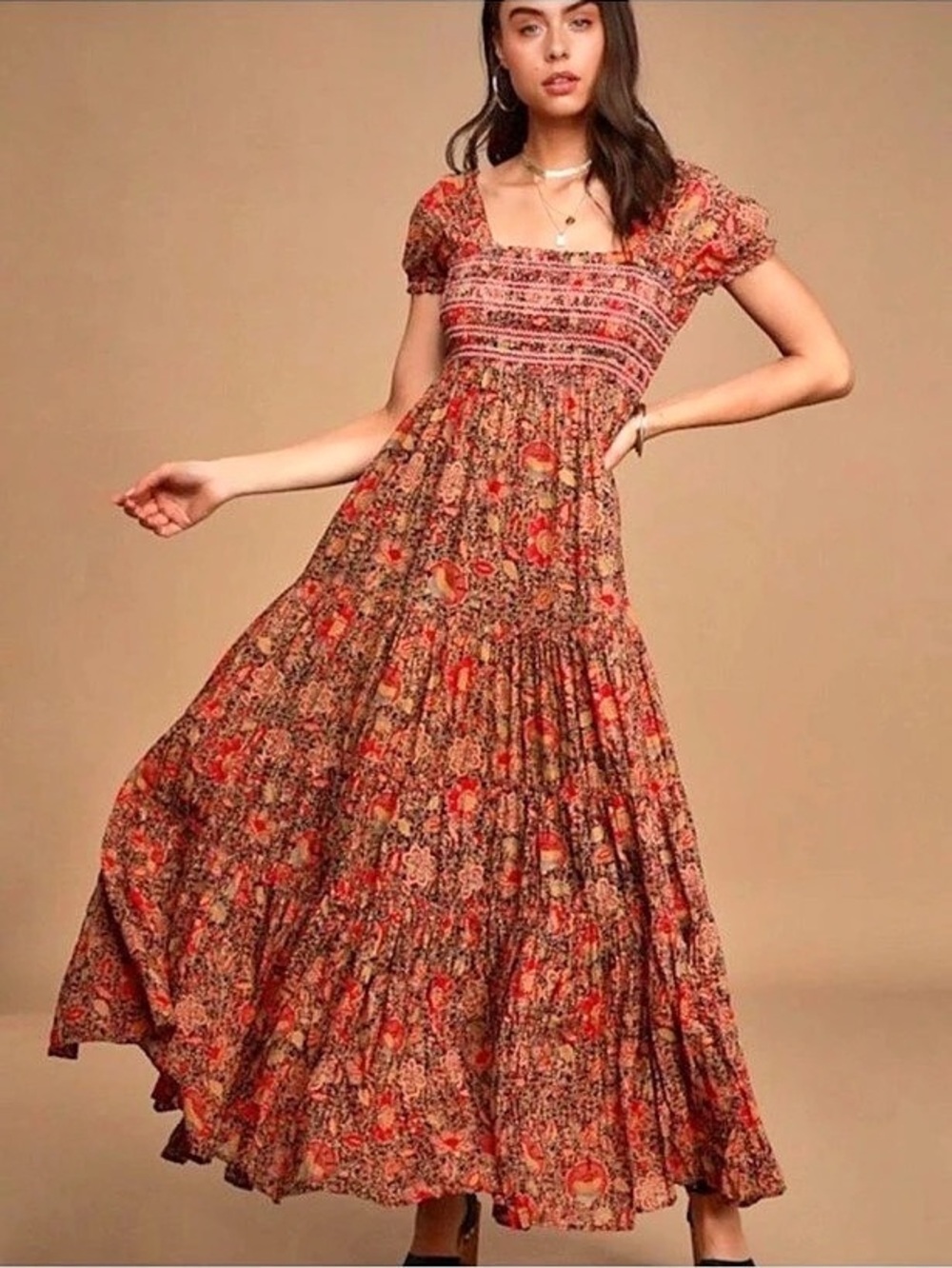 Free People Floral Maxi Dress in Red & Black Size Medium